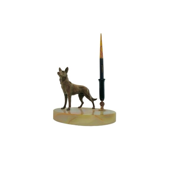 Dog on Desk Pen Holder Metal German Shepard Figurine on Onyx Marble Vintage Gift